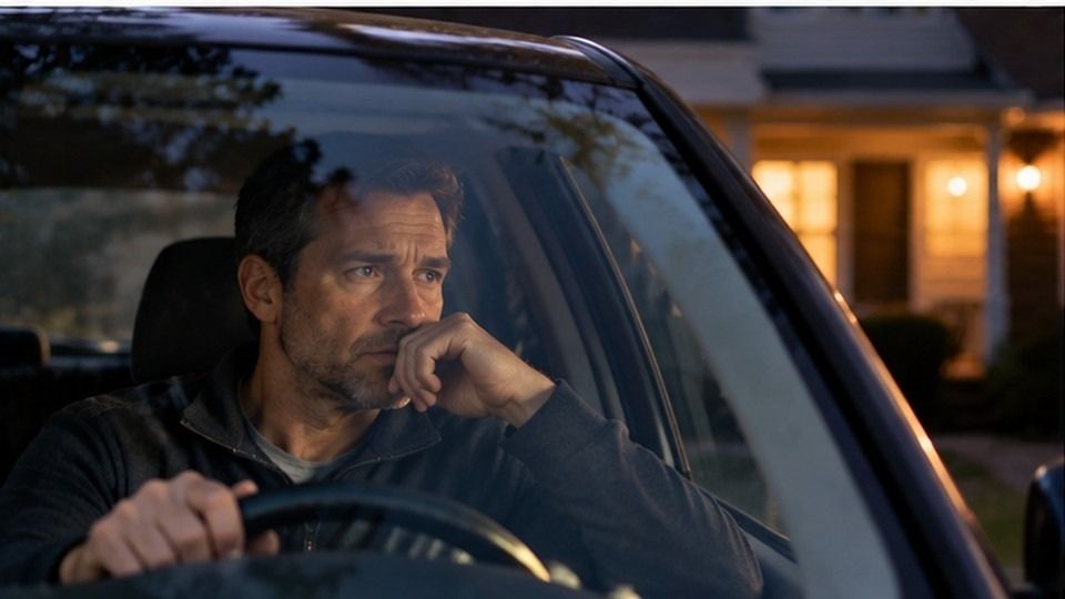 Man pausing alone in his car, reflecting the isolation that alcoholic behavior patterns create.
