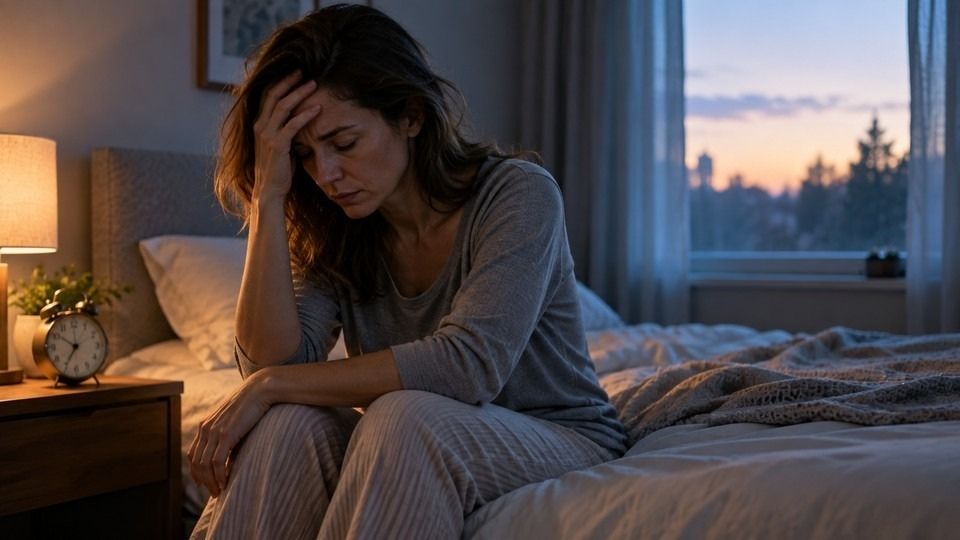 Woman awake before dawn with rebound anxiety, the withdrawal pattern that follows short acting high potency benzodiazepines.