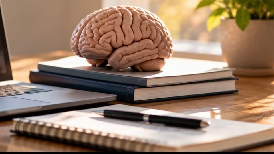 Brain model, books and notebook representing questions about memory and long-term benzodiazepine use.