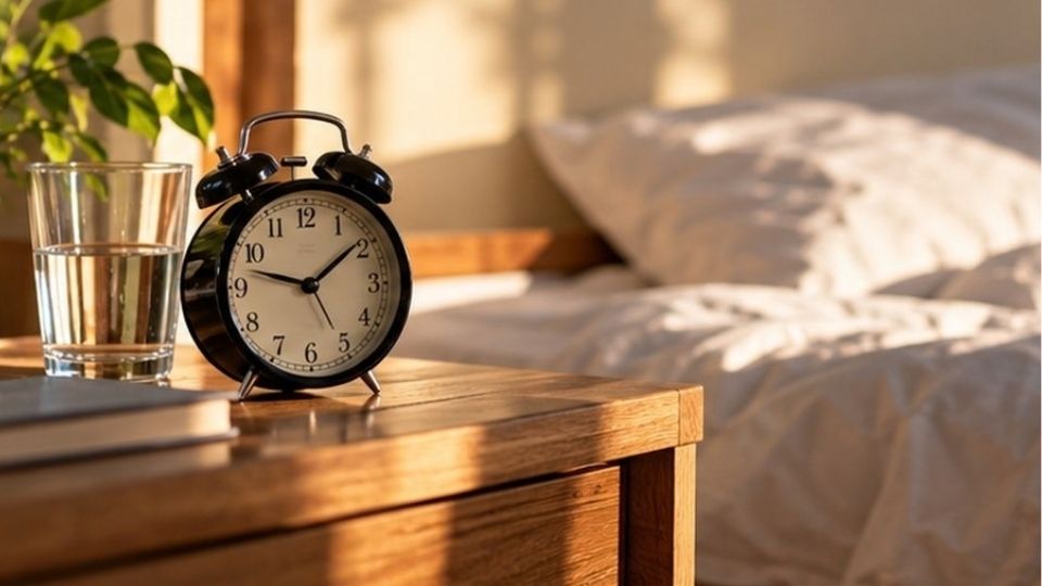 Alarm clock and glass of water representing how benzodiazepine detection windows vary over time