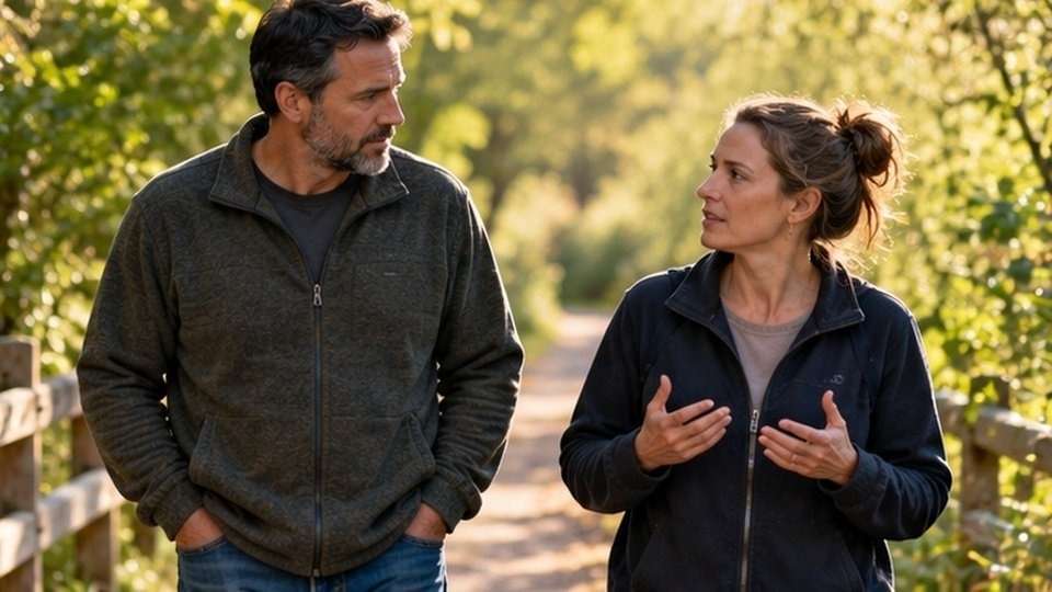 Adult discussing a gradual benzodiazepine taper plan during an outdoor counseling conversation.