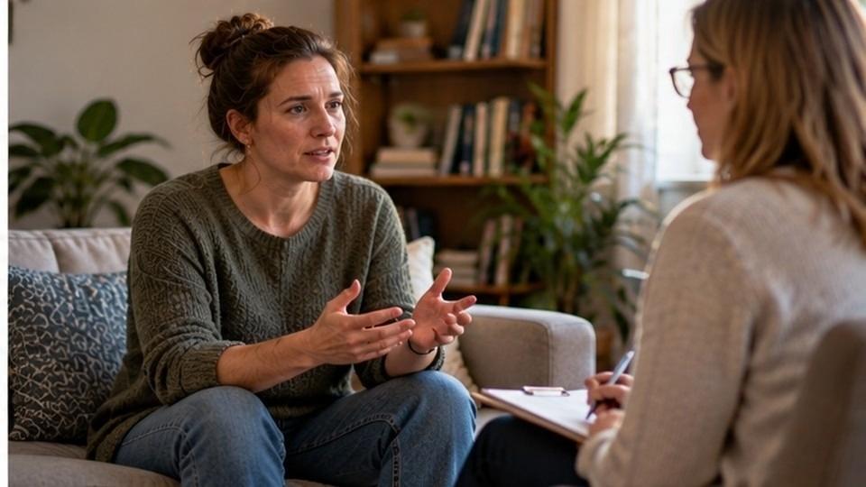 Woman discussing family history and alcoholism risk in a supportive counseling conversation.