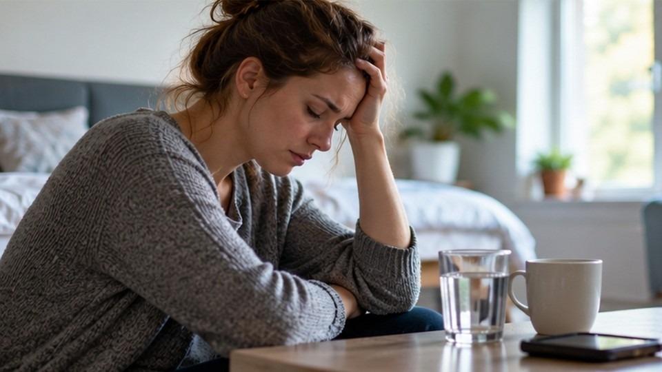 Woman alone with coffee and her phone, reflecting the shared isolation behind the alcoholic vs addict distinction
