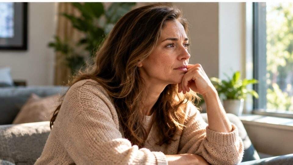 Woman reflecting on medication safety and interaction risks.