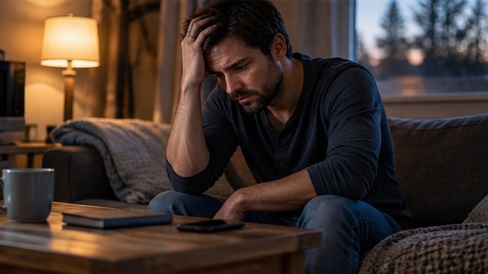 Man sitting alone late at night with worsening depression, illustrating the risks around Prozac and alcohol.