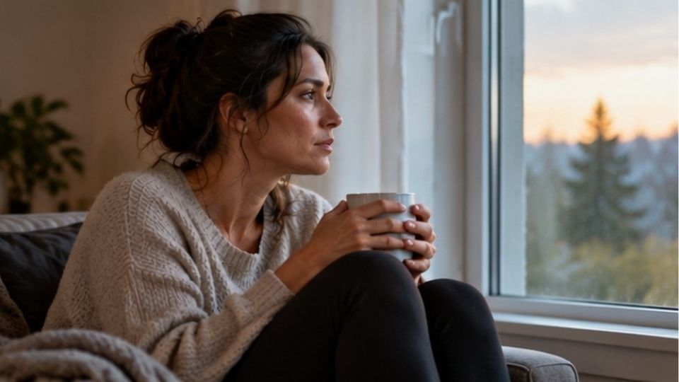 Woman holding coffee on a difficult morning, illustrating withdrawal symptoms associated with alcohol dependence.