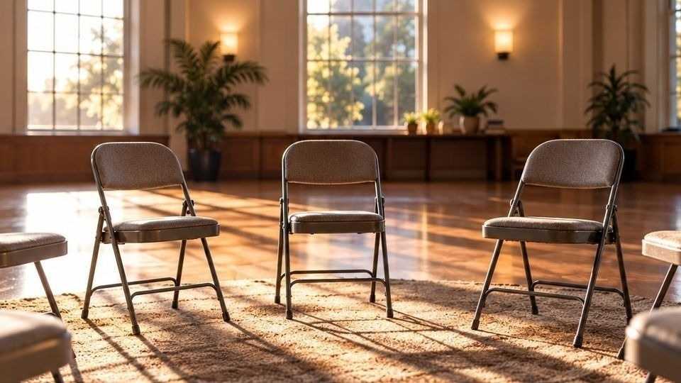 Empty chairs arranged in a circle representing support during recovery from benzodiazepine withdrawal symptoms