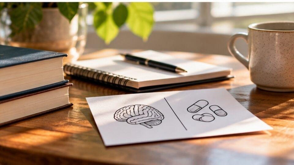 Educational notes and brain sketch representing medication classification and dependence.